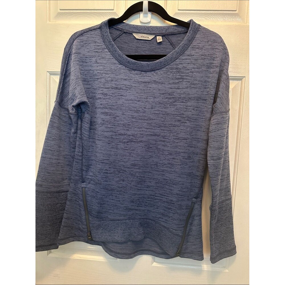 Athleta Heathered Blue Crewneck Pullover Sweater/Sweatshirt Zipper Detail XS